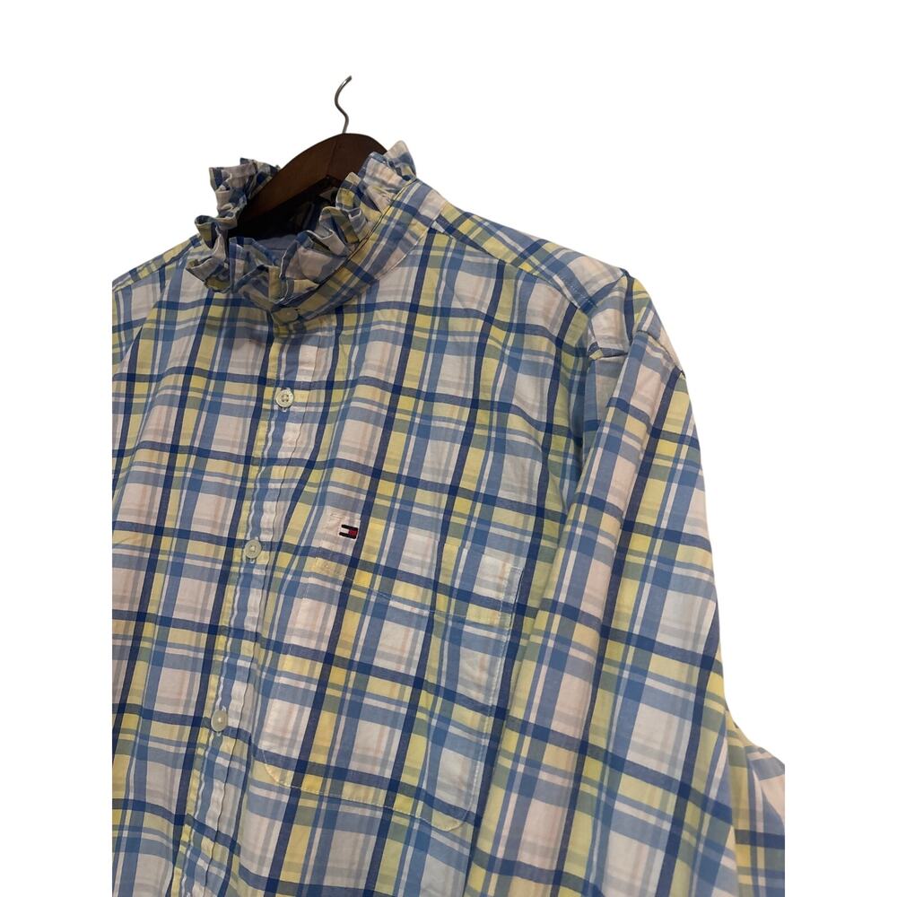 Womens Upcycled Ruffle Collar Tommy Hilfiger Blue and Yellow Button Down XL